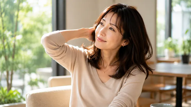 カフェで寛ぐ優しい表情が印象的な大人の女性