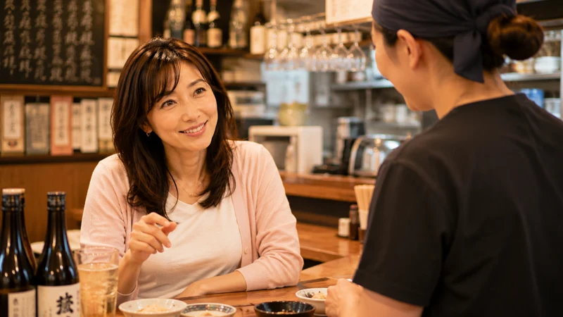 居酒屋のカウンター席で店員と話す女性