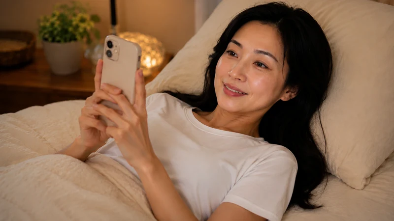 ベッドで横になりスマホを眺める女性