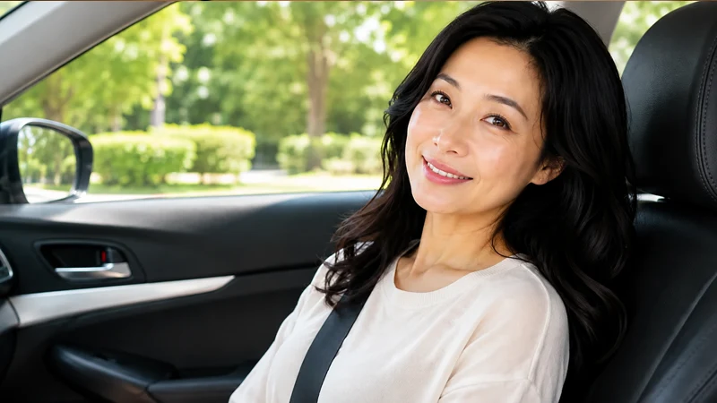 車内の助手席でほほ笑む女性