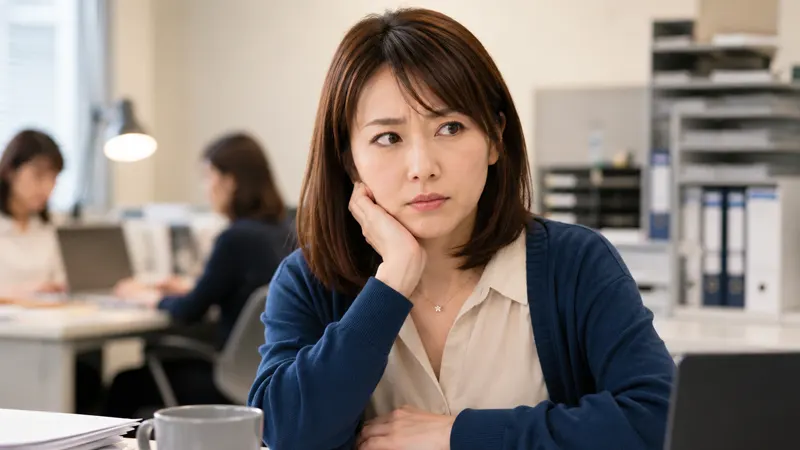 オフィスで不機嫌な表情で考え事をしている女性