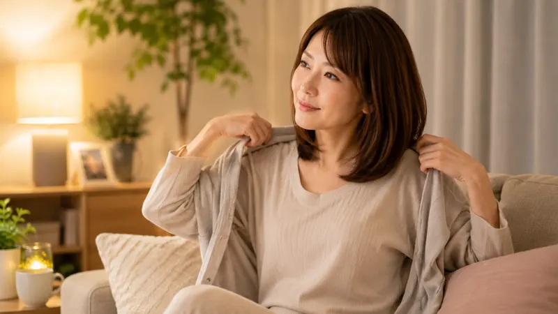 リビングでリラックスしている穏やかな表情の女性
