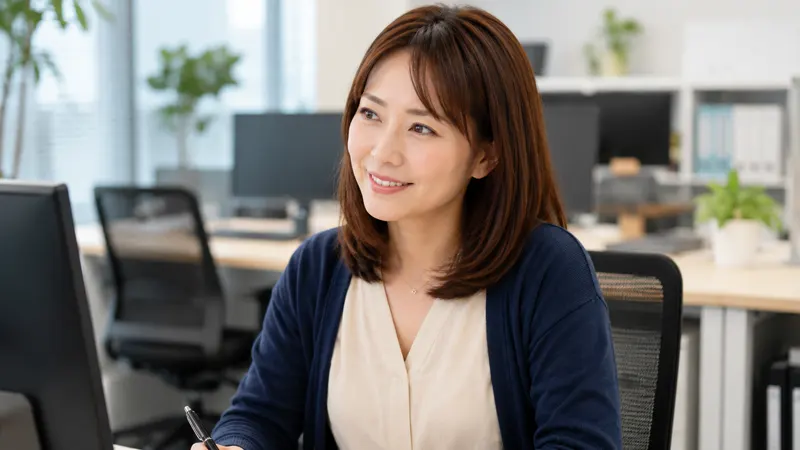 笑顔でデスクワークをする女性