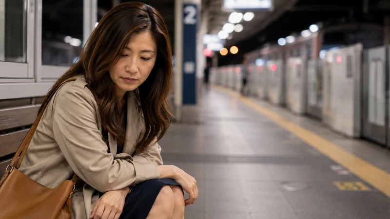 駅のベンチに座り落ち込んでいる女性
