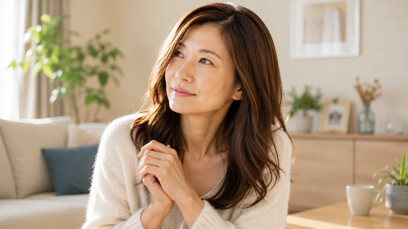 リビングで笑顔になる女性