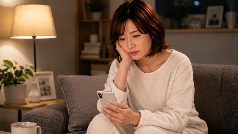 暗いリビングでスマホを見て落ち込む女性