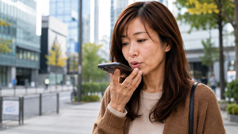 街中でスマホの音声入力機能を使う女性