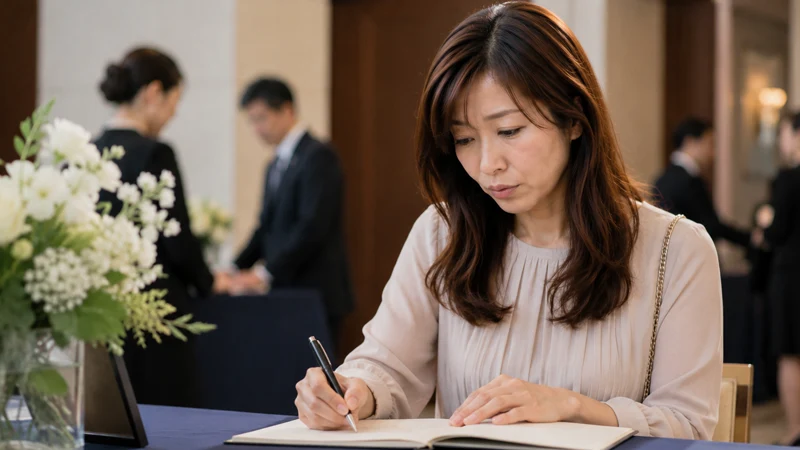 結婚式の会場ロビーで芳名帳に記帳をする女性