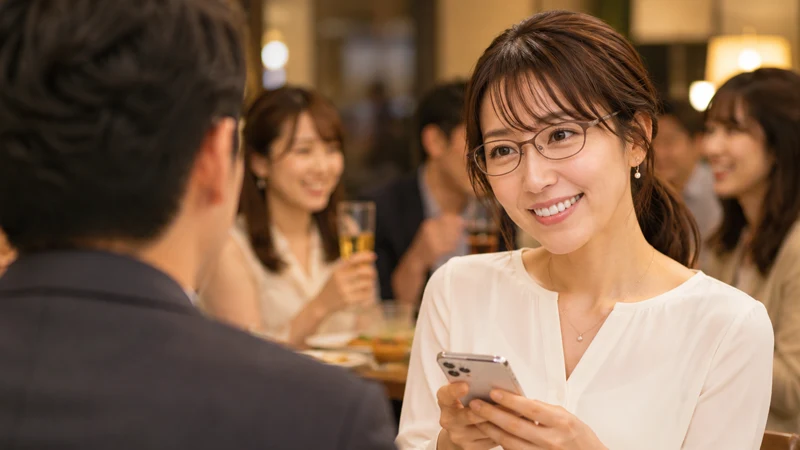 飲み会の席で男性に連絡先を交換している女性