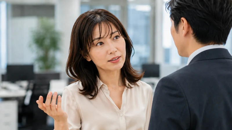 社内で男性に話しかける女性
