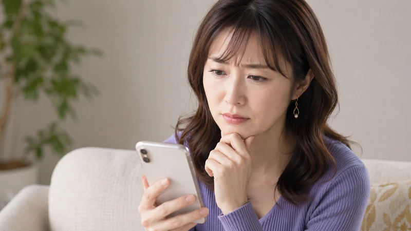 ネット記事を不安気な表情で読む女性