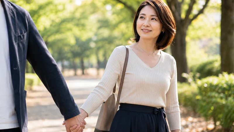 男性と腕を組んで公園をデートする笑顔の女性