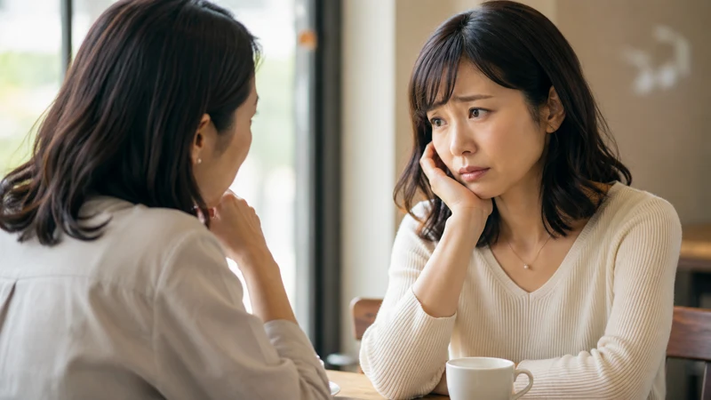 不安な表情で友人と会話する女性